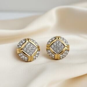 Vintage Nina Ricci Rhinestone Gold Tone Clip-On Earrings Signed